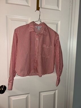 Red Striped Button-Up Cropped Shirt